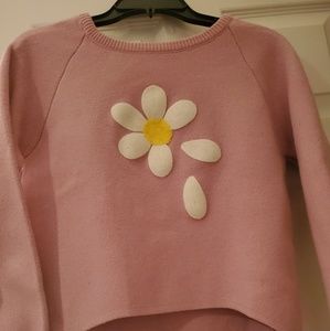 Pink Flower Print Sleeve Dip Hem Sweater